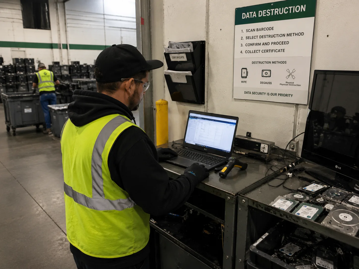 Secure workstation prepared for data-bearing media destruction