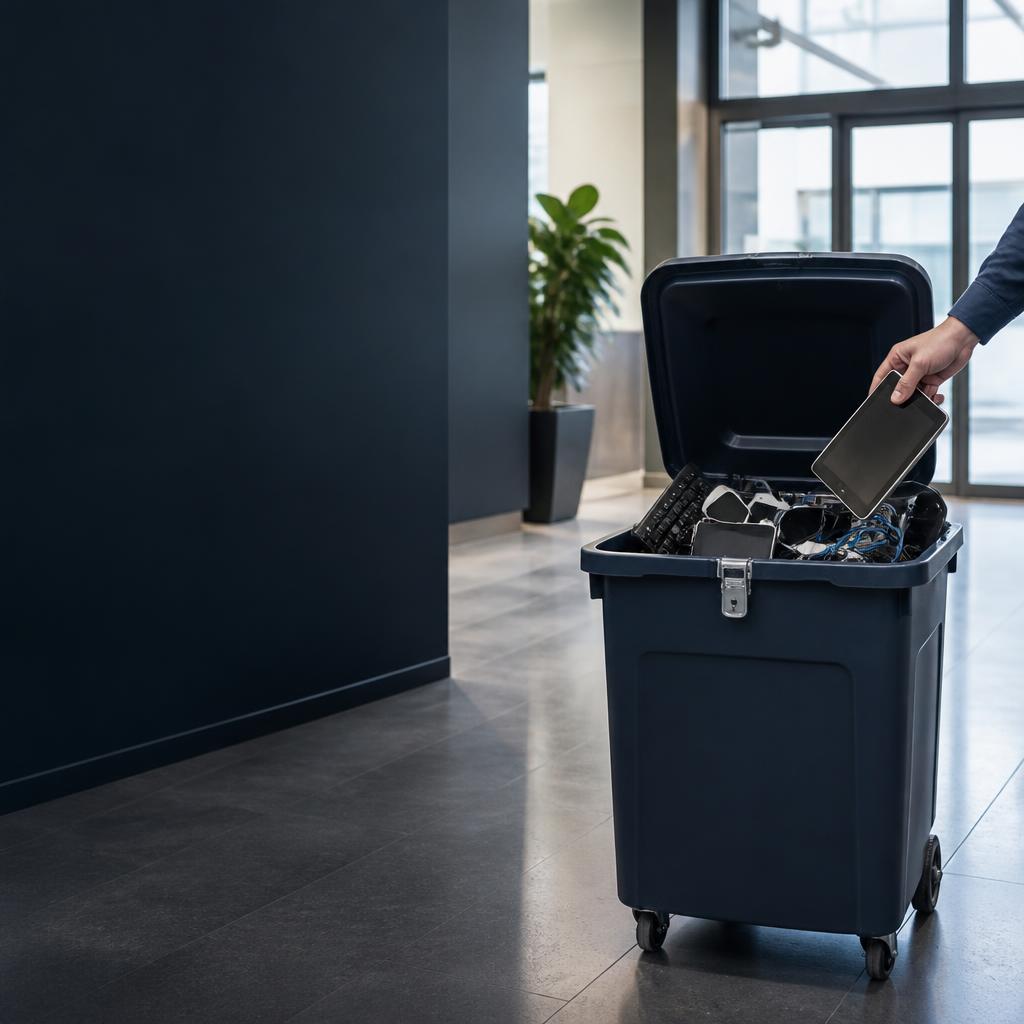 Secure wheeled e-waste collection bin in an office lobby
