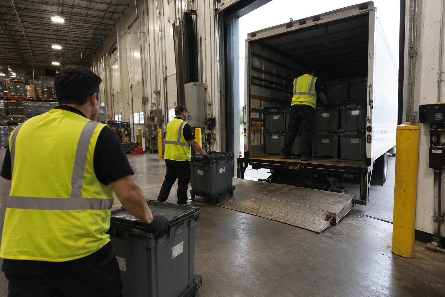 Team coordinating a secure electronics pickup at a recycling loading dock