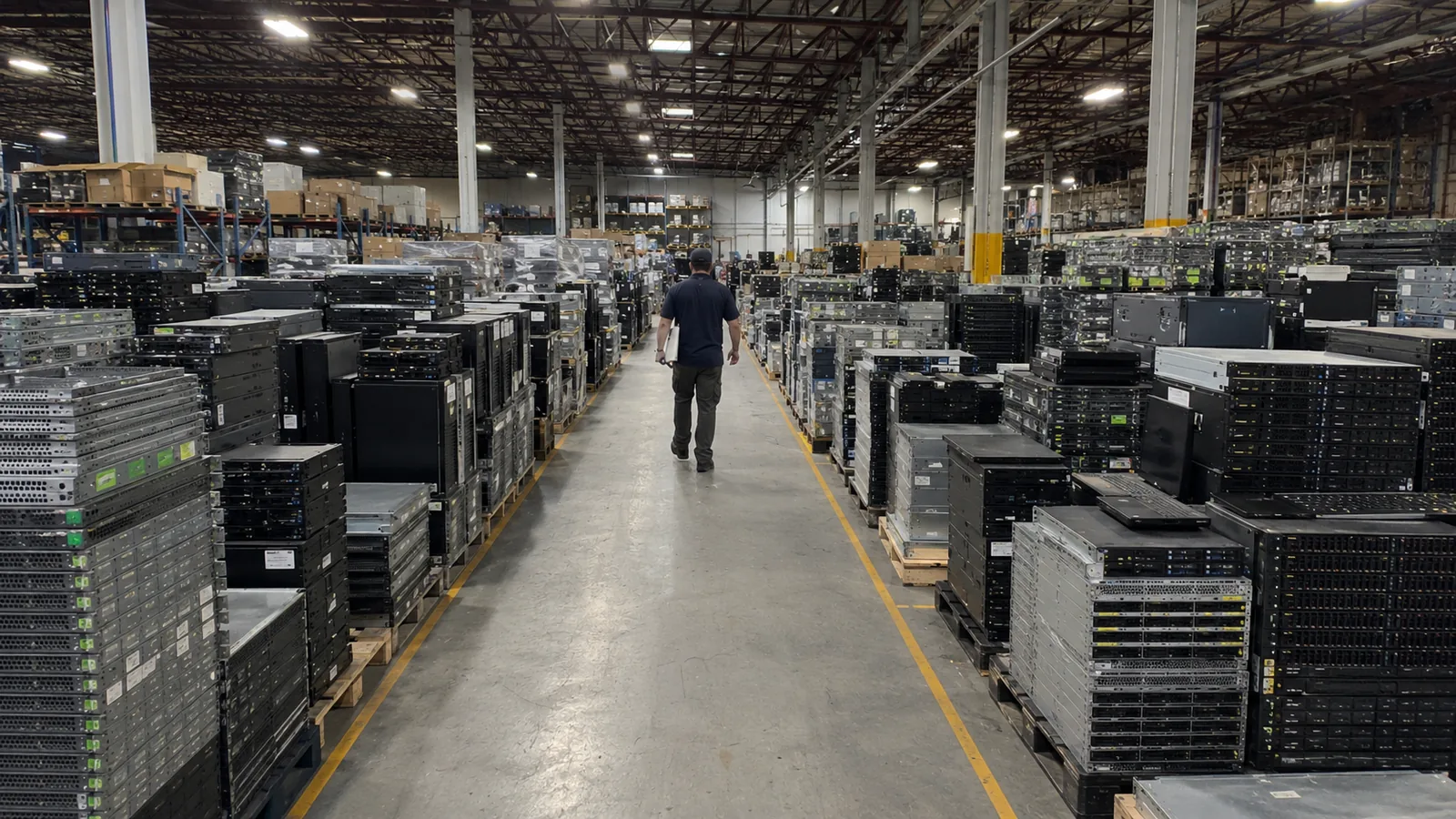 Organized server and electronics aisles inside a recycling facility