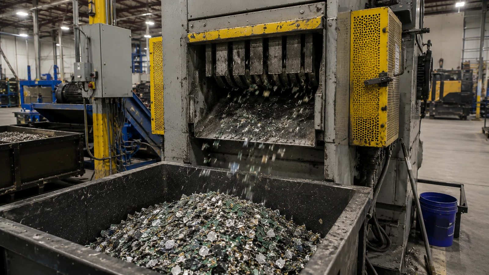 Industrial shredder processing mixed electronic waste