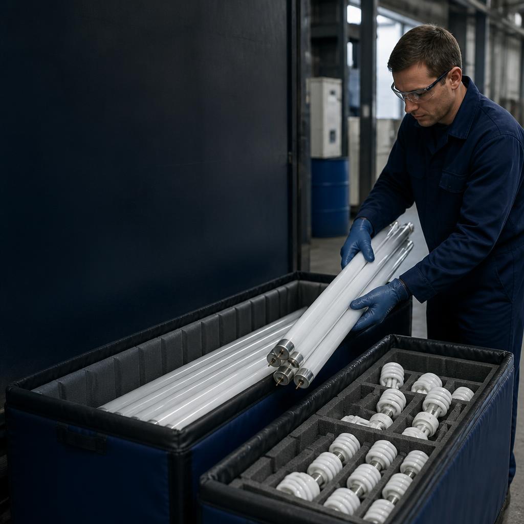 Technician placing fluorescent tubes and CFL bulbs into protected recycling containers