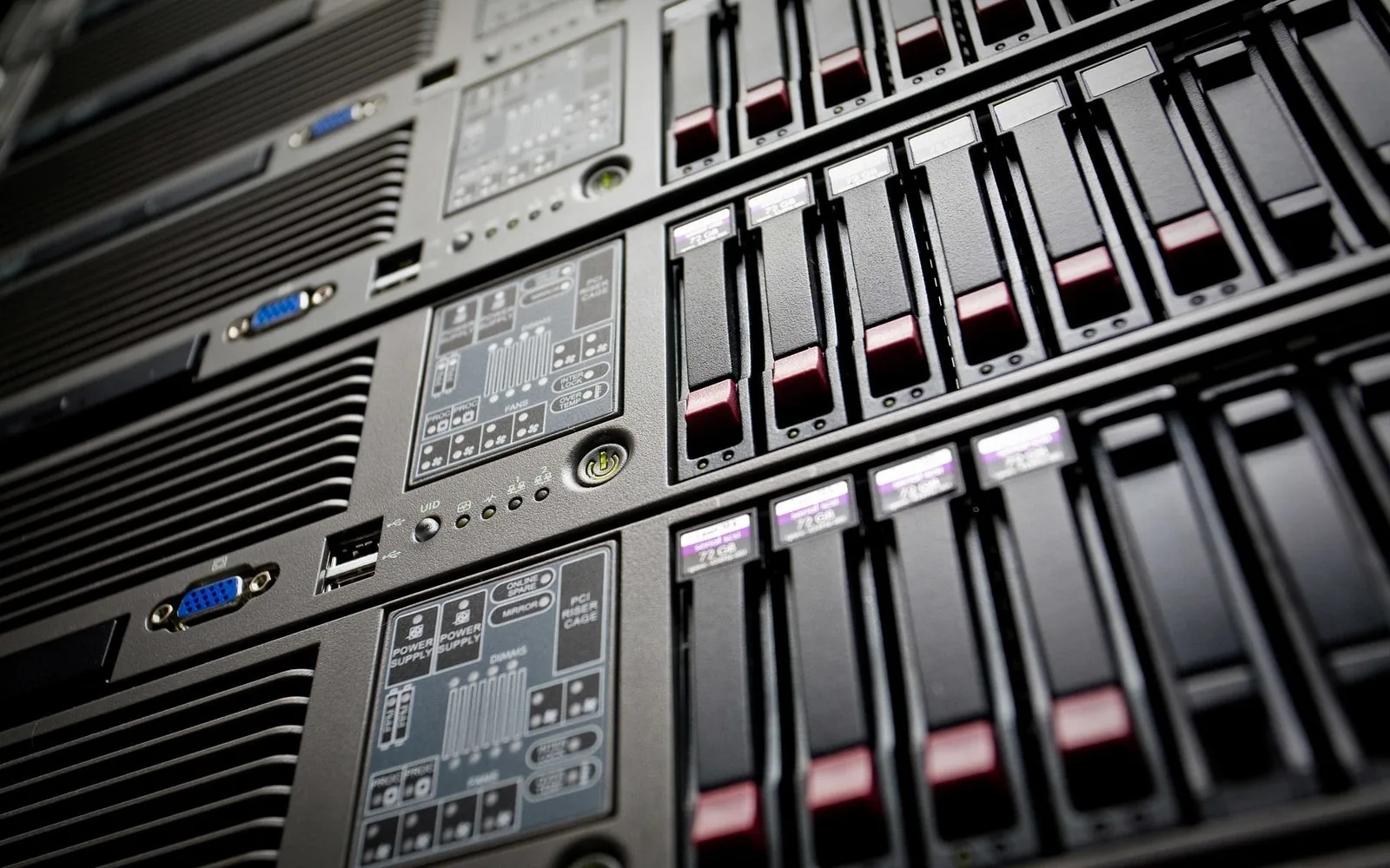 Rows of enterprise server cabinets in an electronics recycling facility