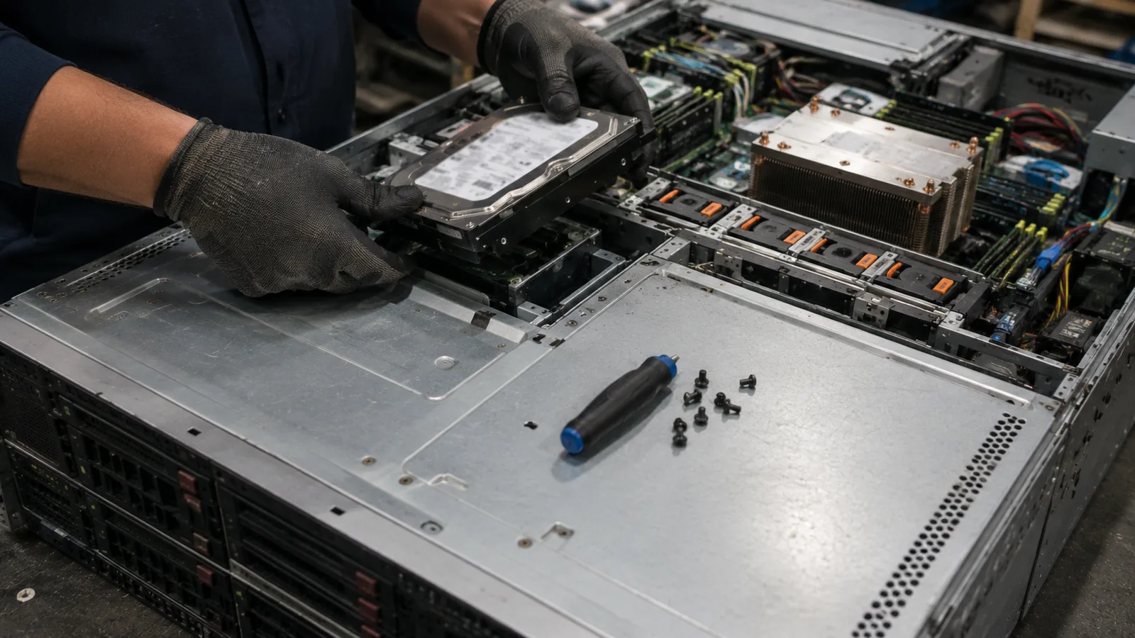 Technician disassembling a server for certified hard drive destruction