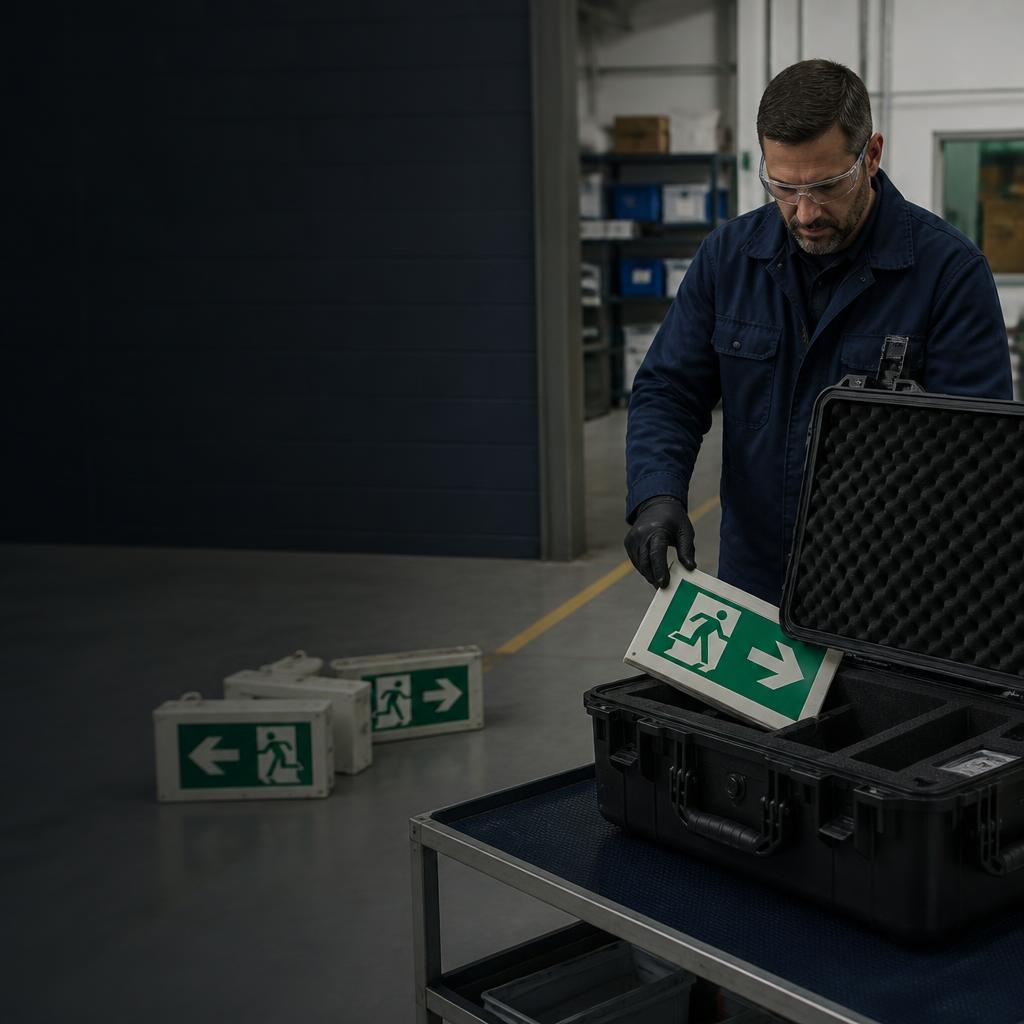 Technician placing a self-luminous exit sign into a protective transport case