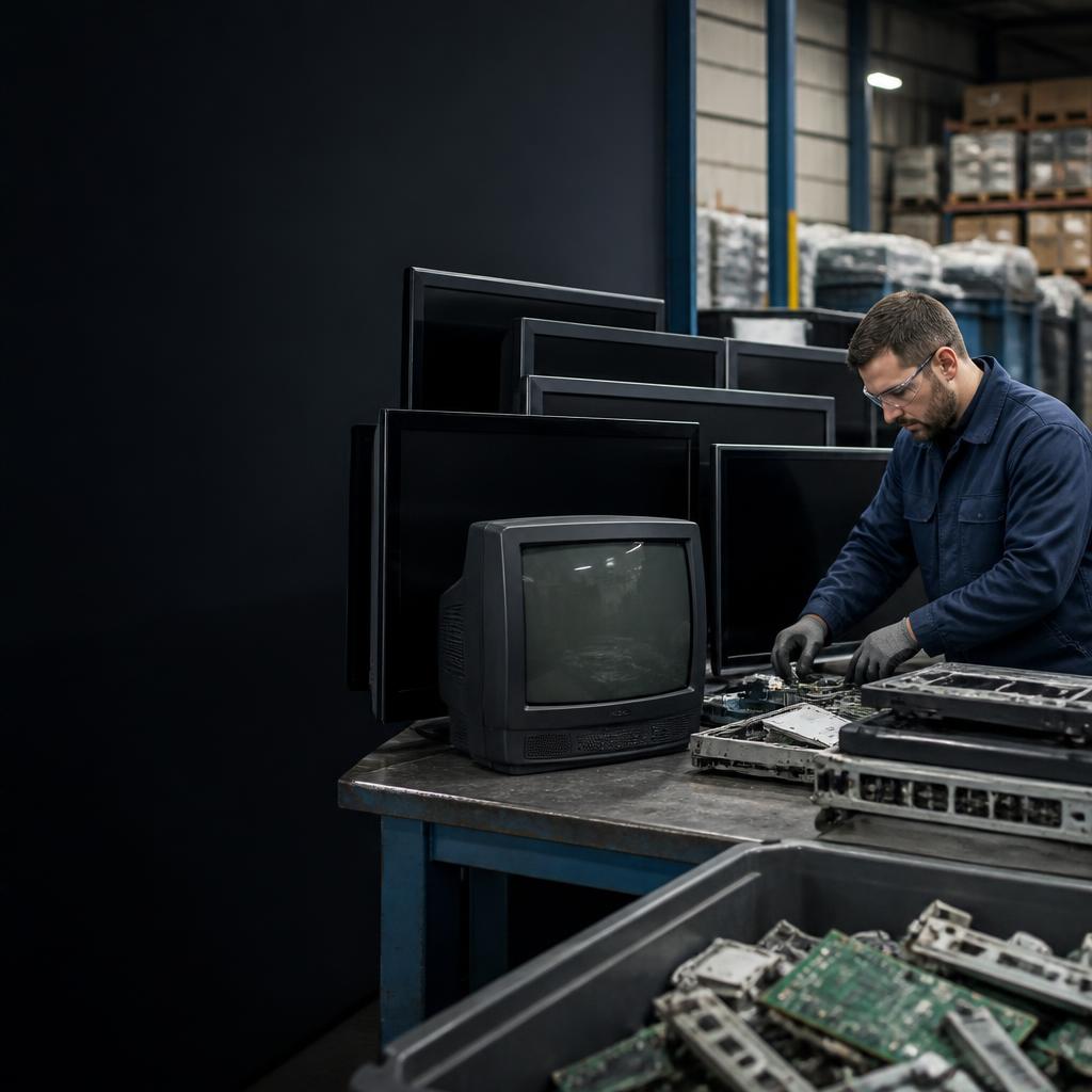Technician processing LCD, LED, and CRT televisions for recycling