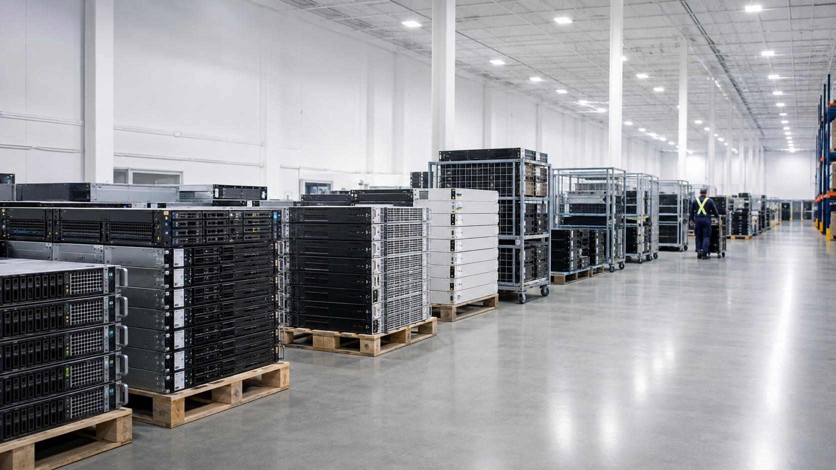 Bright electronics recycling facility filled with server racks